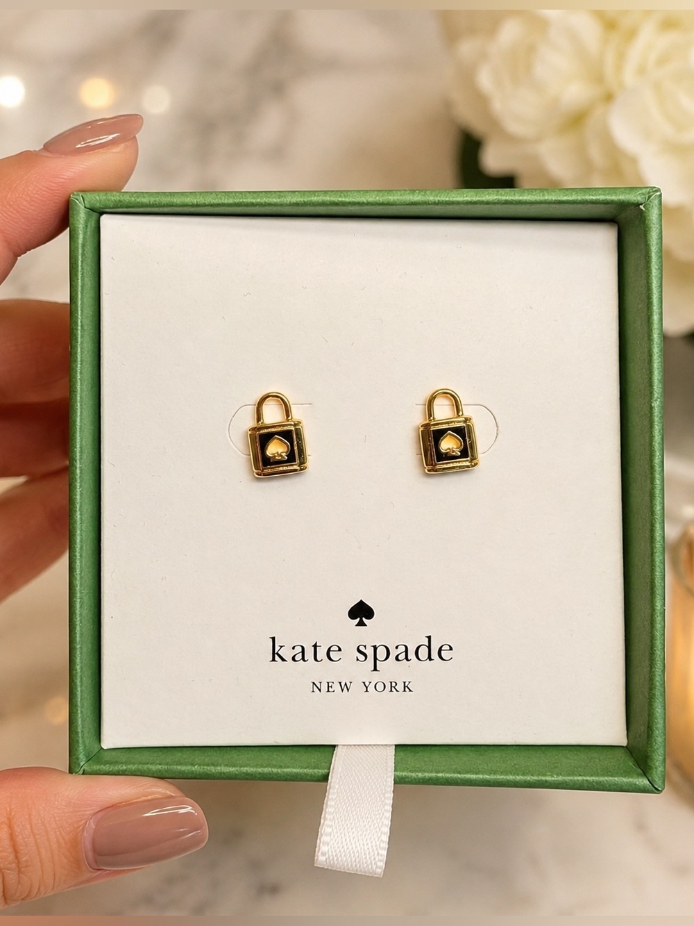 kate spade Gold Lock Stud Earrings with Black Accent 🖤